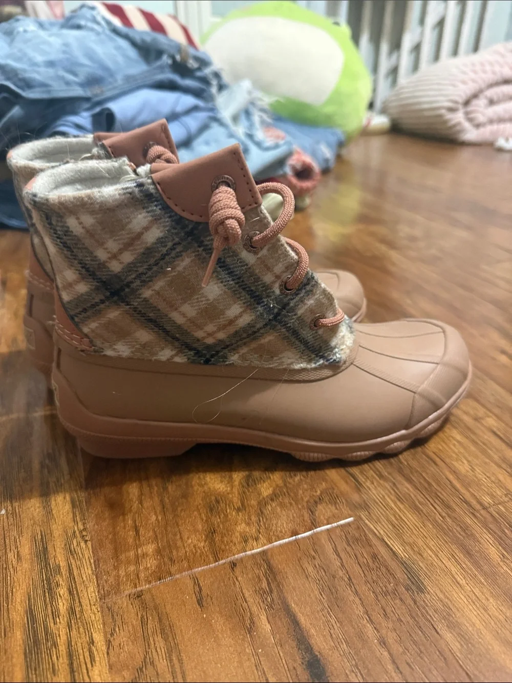 Sperry Kids Tan Plaid Duck Rain Boots